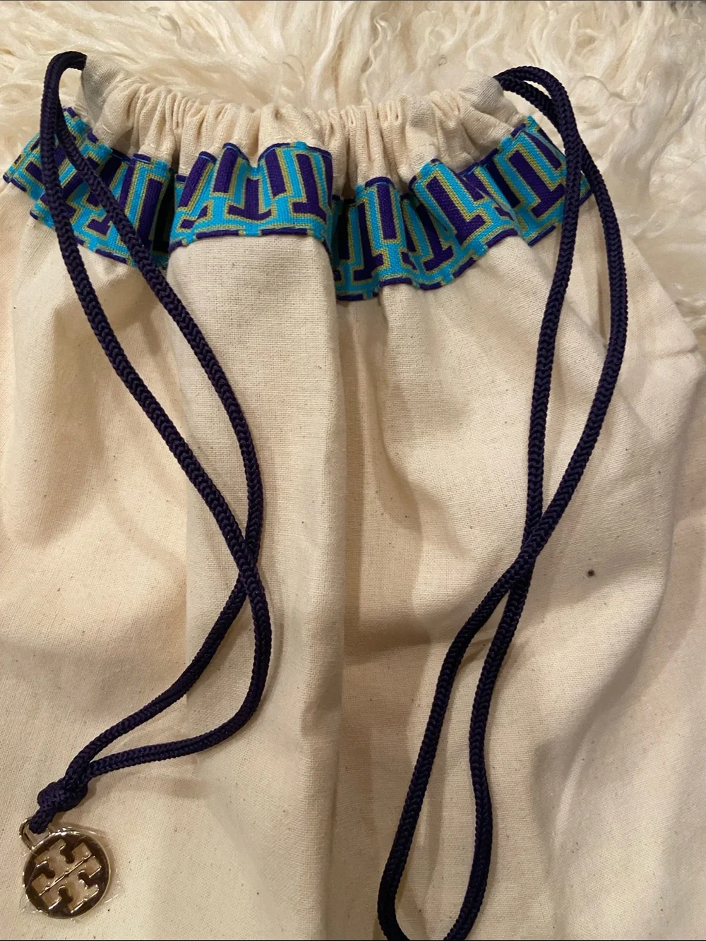 Tory Burch Cream Dust Cloth with Blue and Teal Trim 12/9 perfect for small purse
